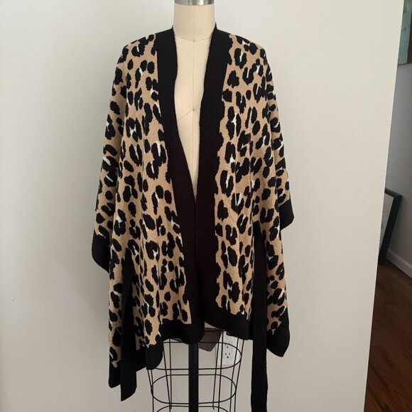 Kate Spade Leopard Print Ruana Poncho Shrug Cardigan Wrap One Size Wool Blend - Picture 4 of 6